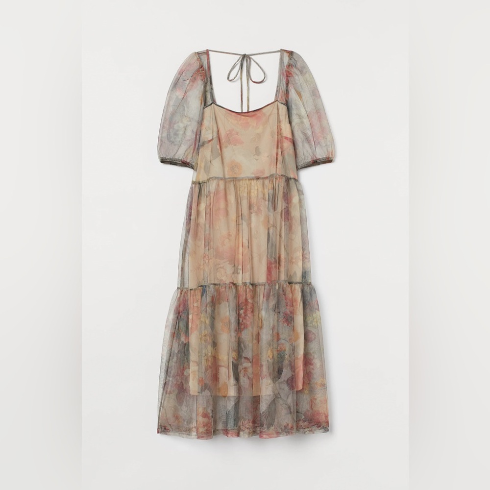 H&M Puff Sleeve Mesh Floral Organza Sheer Midi Dress Ethereal Whimsi Small‎